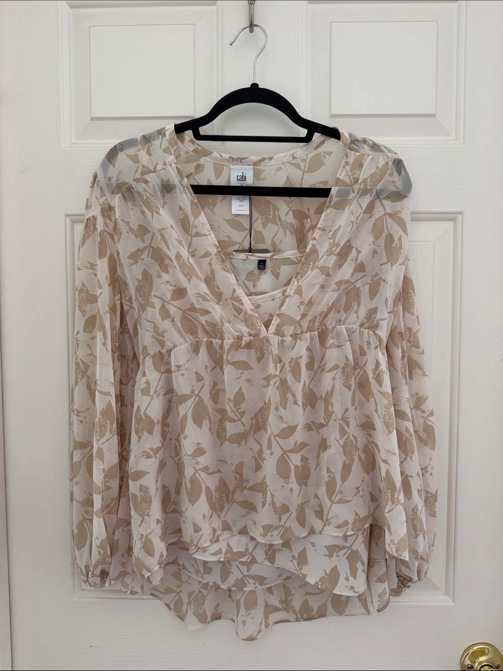 CAbi Cream and Beige Leaf-Print V-Neck Blouse